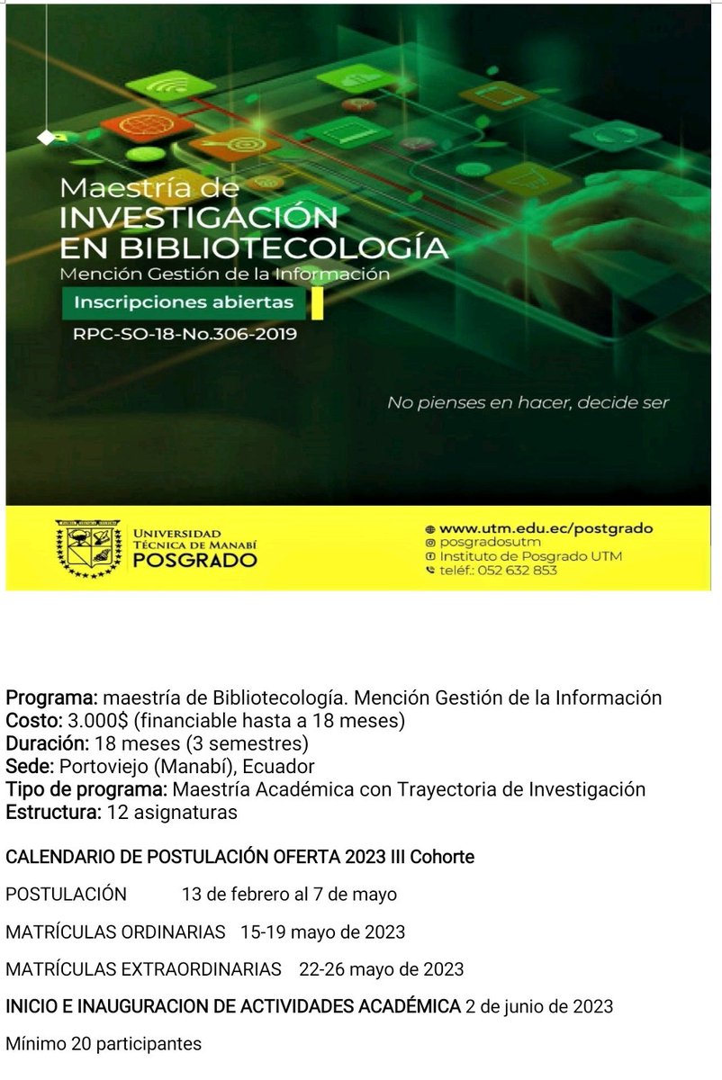 EneidaMaria8's tweet photo. Los invitamos a inscribirse en esta excelente oferta académica de cuarto nivel. https://t.co/JgDa96diCs