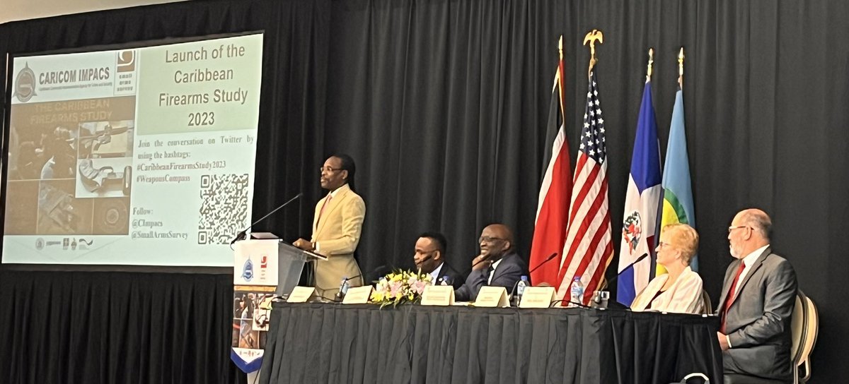 tt_homelandsec's tweet photo. Minister Hinds is now delivering the Keynote Address at the Launch.
#CaribbeanFirearmsStudy2023 #WeaponsCompass @SmallArmsSurvey @CImpacs https://t.co/kTXErqlg9s