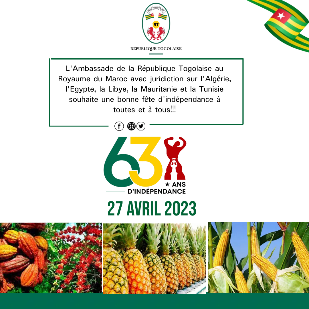 BONNE FÊTE D'INDEPENDANCE A TOUTES ET A TOUS!!!  
#27avril1960- #27avril2023
#63ansdindépendance
<a href="/TogoOfficiel/">République Togolaise</a>
<a href="/PresidenceTg/">Présidence Togolaise/Togolese Presidency</a>
<a href="/FEGnassingbe/">Faure Essozimna GNASSINGBÉ</a>