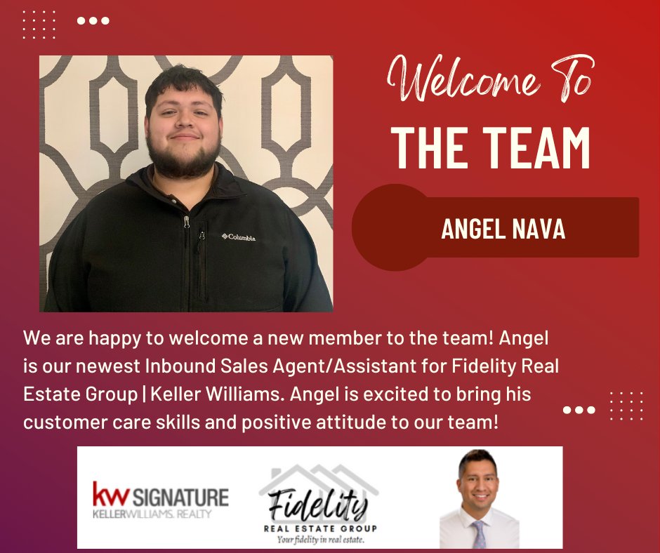 FidelBatresHom1's tweet photo. Our team is growing! Angel is our newest Inbound Sales Agent/Assistant for Fidelity Real Estate Group | Keller Williams. We look forward to his great contributions to the team! https://t.co/Rgzgh1QdiN