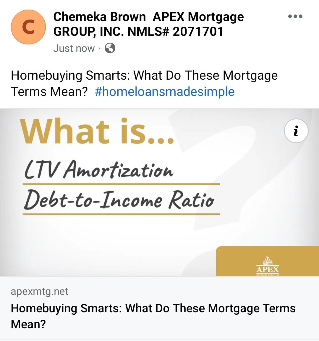 BrownChemeka's tweet photo. #ApexMortgageGroup
#LtvAmortization
#DebtToIncomeRatio
#MortgageAdvisor https://t.co/qhaOmZ2rRB