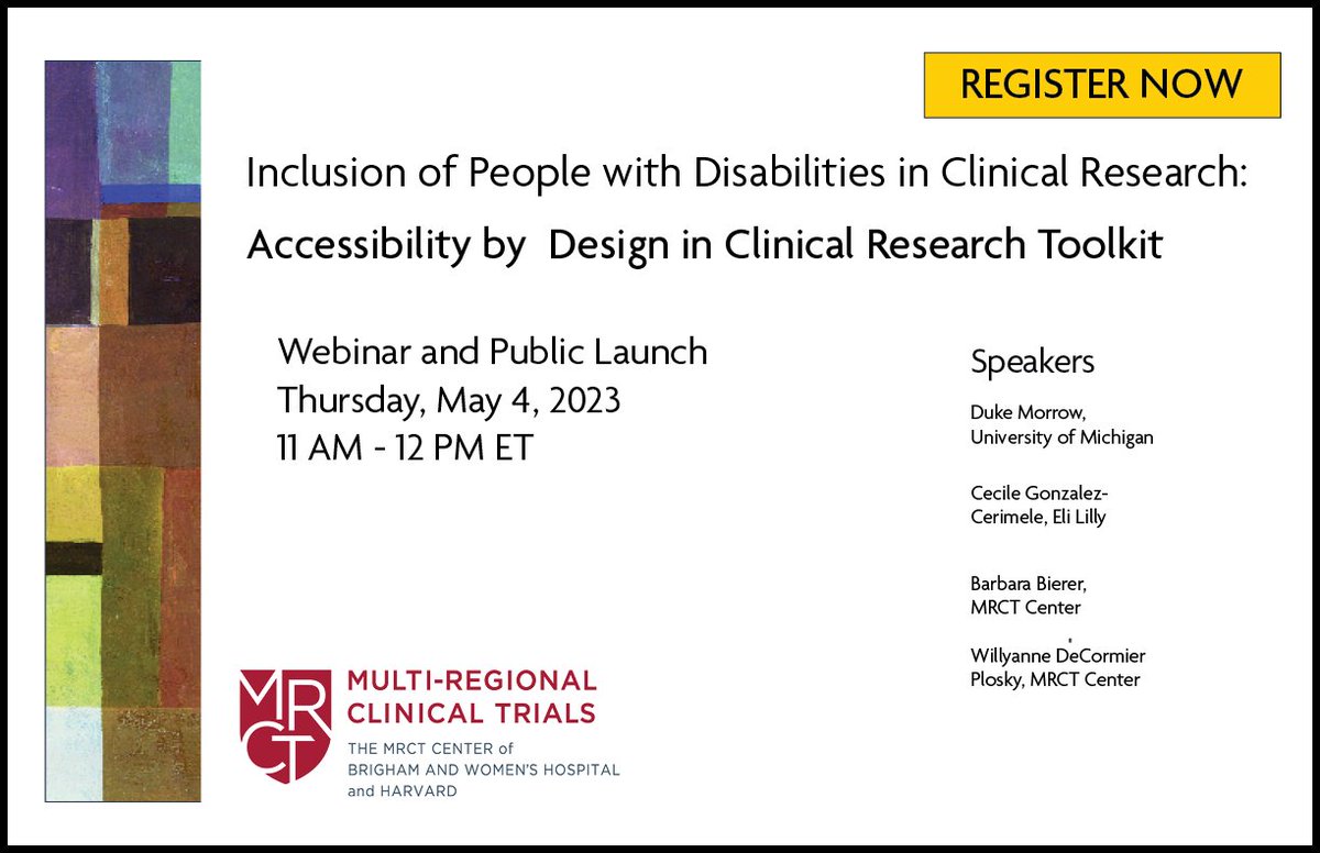 Commitment to greater inclusion of people with disabilities in trials requires identifying the barriers to participation, study planning &amp; execution. Join us on May 4 at 11 AM ET for the Accessibility by Design (AbD) in Clinical Research Toolkit release. conta.cc/3nLn9Lb