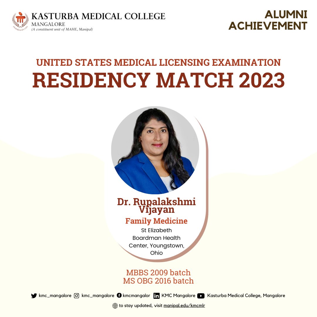 KMC_Mangalore's tweet photo. Congratulations!

@rupalakshmi3 @MAHE_Manipal @DrBUnnikrishnan @suresh06121975 @swamitwitanand @BaligaShrikala 

#residency #usmle #matched https://t.co/PPocQ9U2Hy