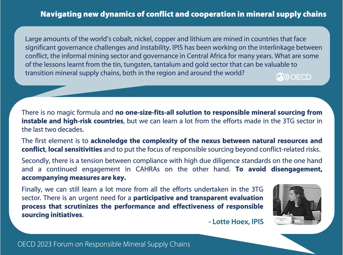 Looking at existing risks in mineral #supplychains and at the challenges arising with the growing demand for #TransitionMinerals, IPIS’ researcher Lotte Hoex shared some of the lessons learnt in #3TG sector during the opening session of the OECD Forum on #ResponsibleMinerals: