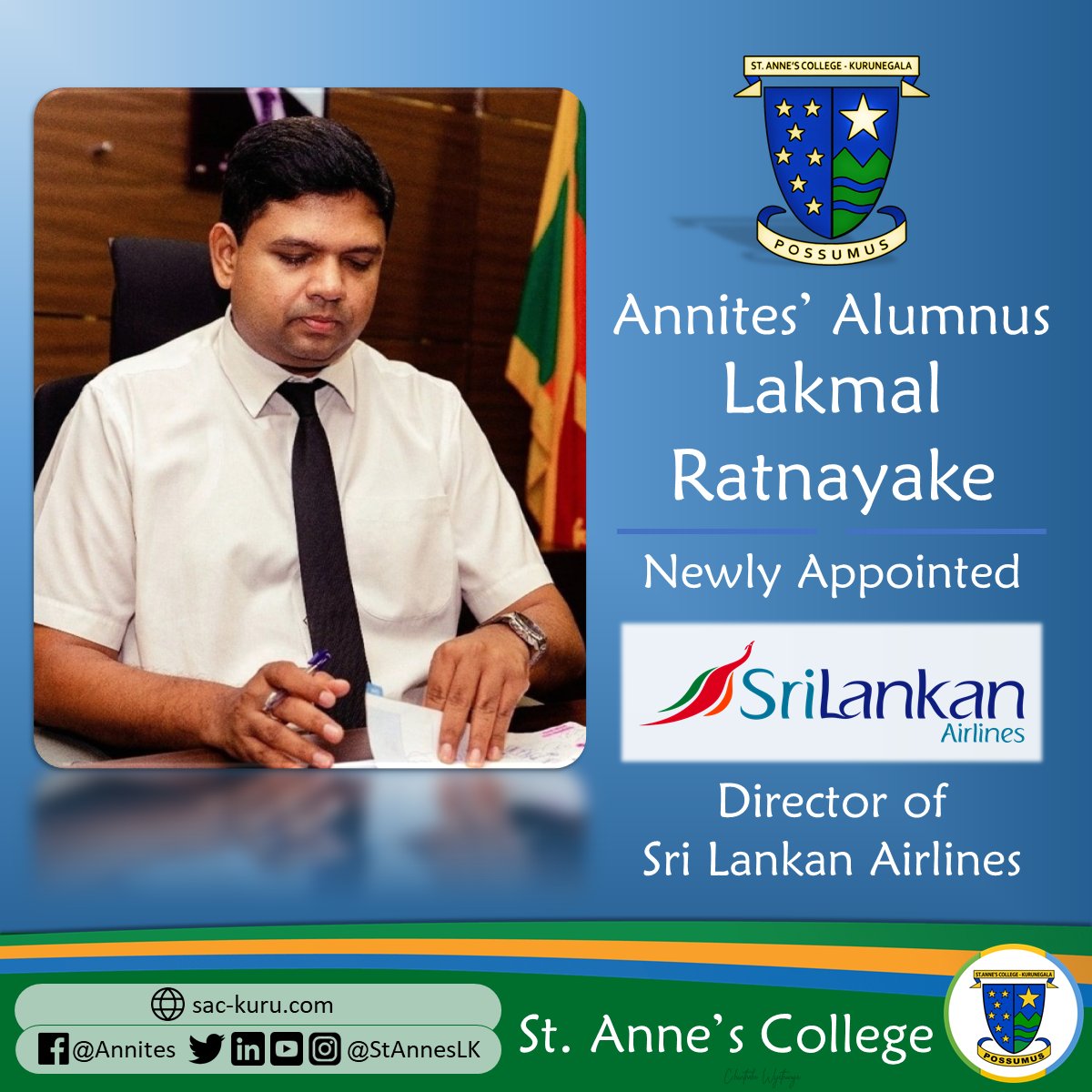 StAnnesLK's tweet photo. St. Anne's College alumnus Lakmal Ratnayake has been appointed as Director of Sri Lankan Airlines. With a career spanning various leadership roles, Lakmal brings a wealth of experience & expertise to this position. | #StAnnesLK #Annites
π Read more: https://t.co/aPSighUjjY https://t.co/VbofQVZgfs