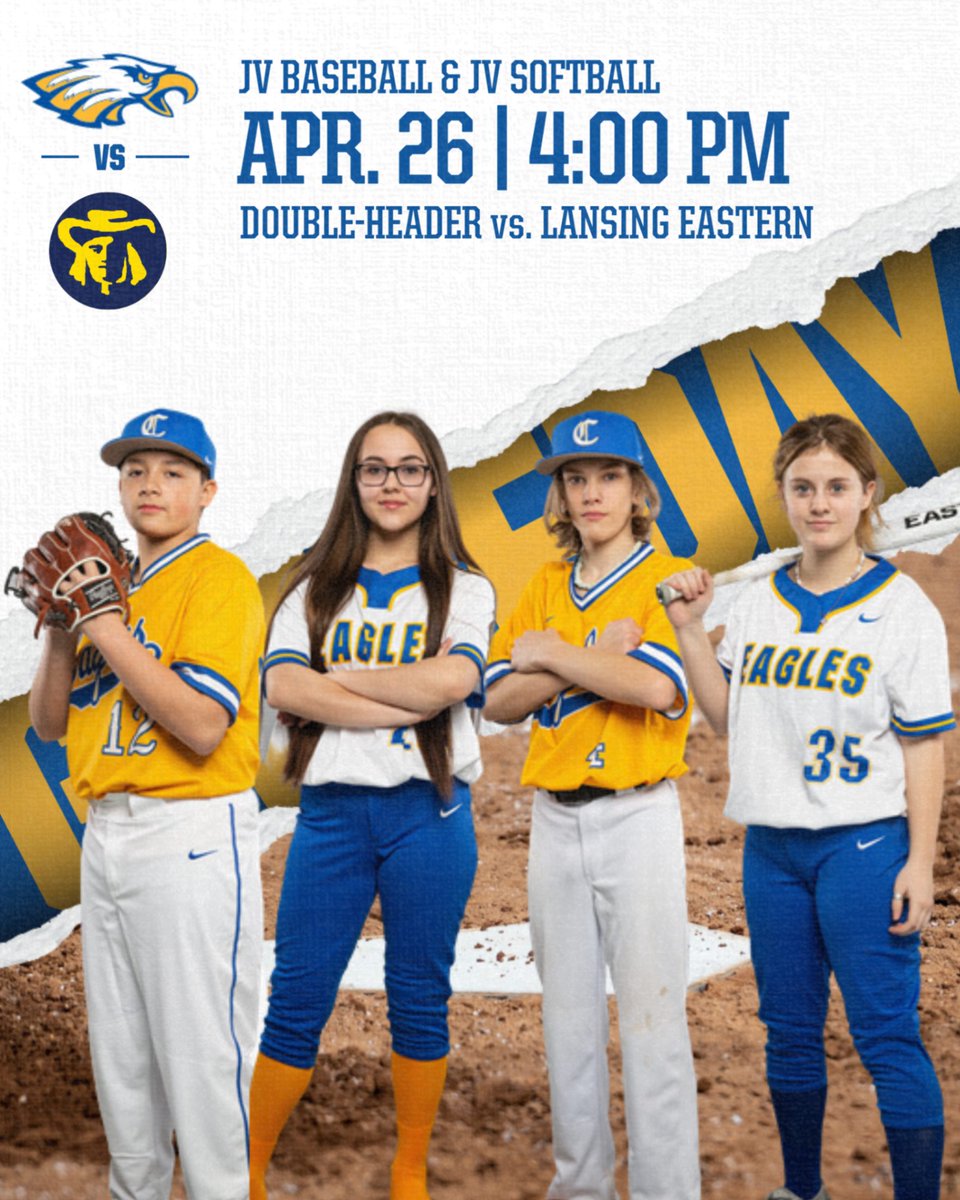 CCC_Eagles's tweet photo. JV BASEBALL &amp; JV SOFTBALL
vs. LANSING EASTERN
TODAY - APRIL 26th - 4:00pm
CC-C Baseball &amp; Softball Fields https://t.co/ShjYeDIeT6