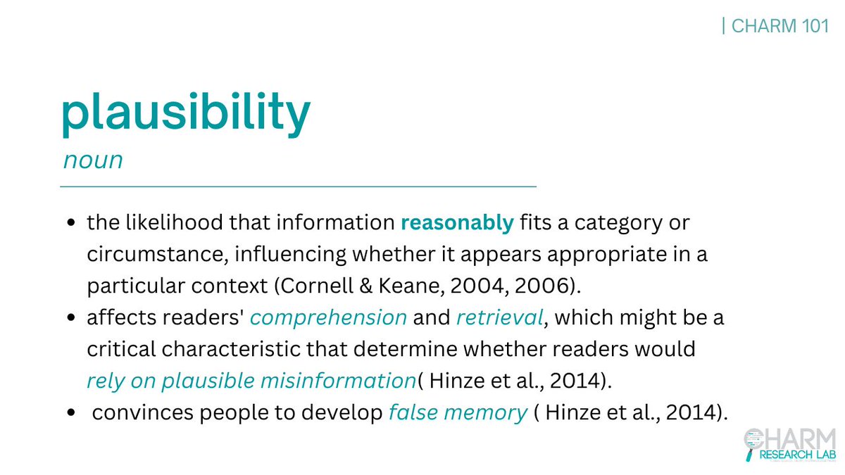 Do you know that false information is purposefully made plausible to convince readers? 
Plausibility is a critical factor that people should consider when assessing misinformation.
#CHARM101 @MasonCommDept @MasonResearch @GMUPsychology