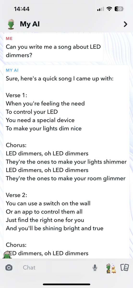 ZanoControls's tweet image. We asked Snapchat AI to write us a song about LED dimmers.

This is how it went…

#snapchatai #leddimmers