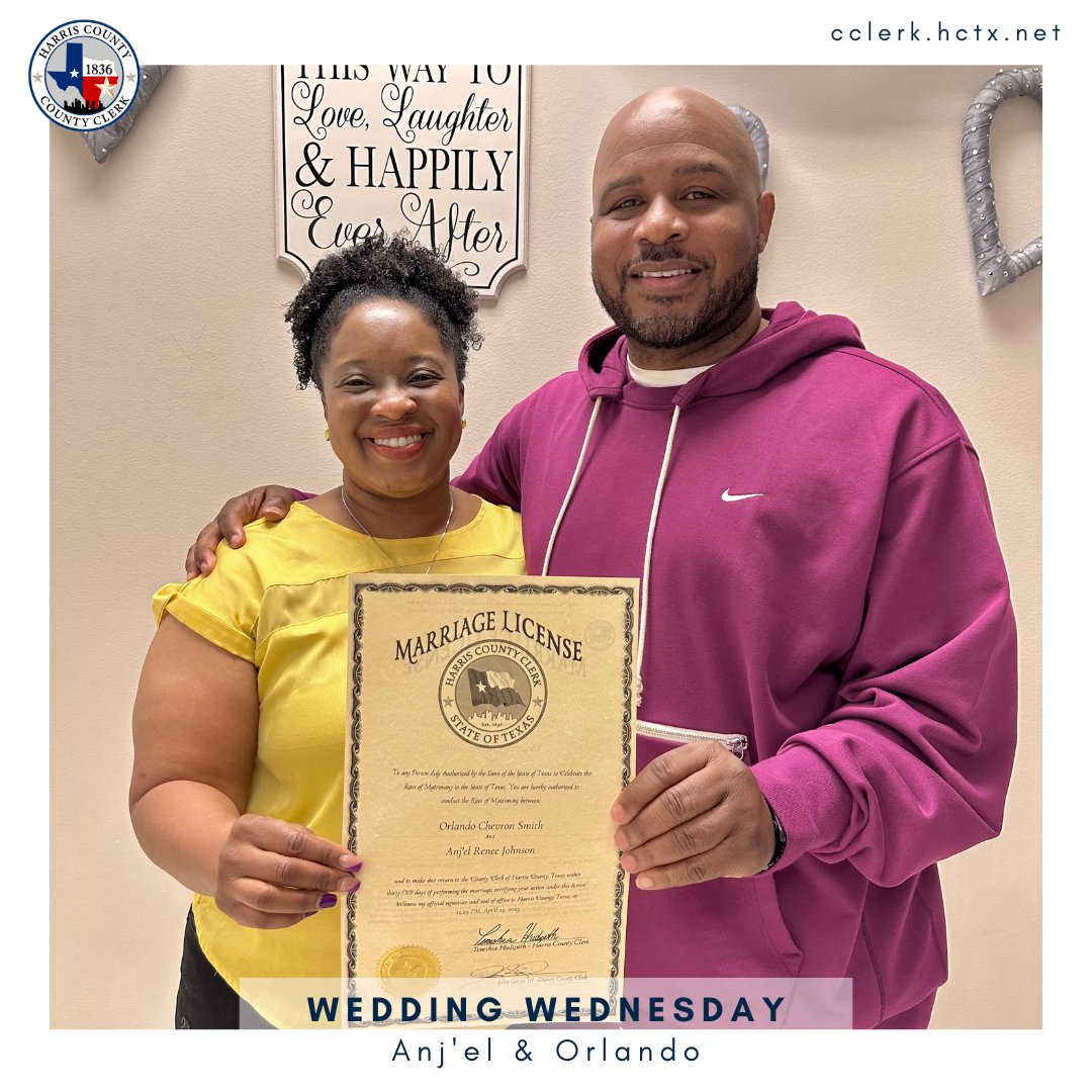 harriscotxclerk's tweet photo. Congratulations to Anj'el & Orlando. May your journey together be filled with unforgettable moments and beautiful memories. Cheers to your forever! #hcco #houstonwedding #marriagelicense #houstontx #bride #courtwedding #happilyeverafter #weddingbells https://t.co/Bwvuehk4K6