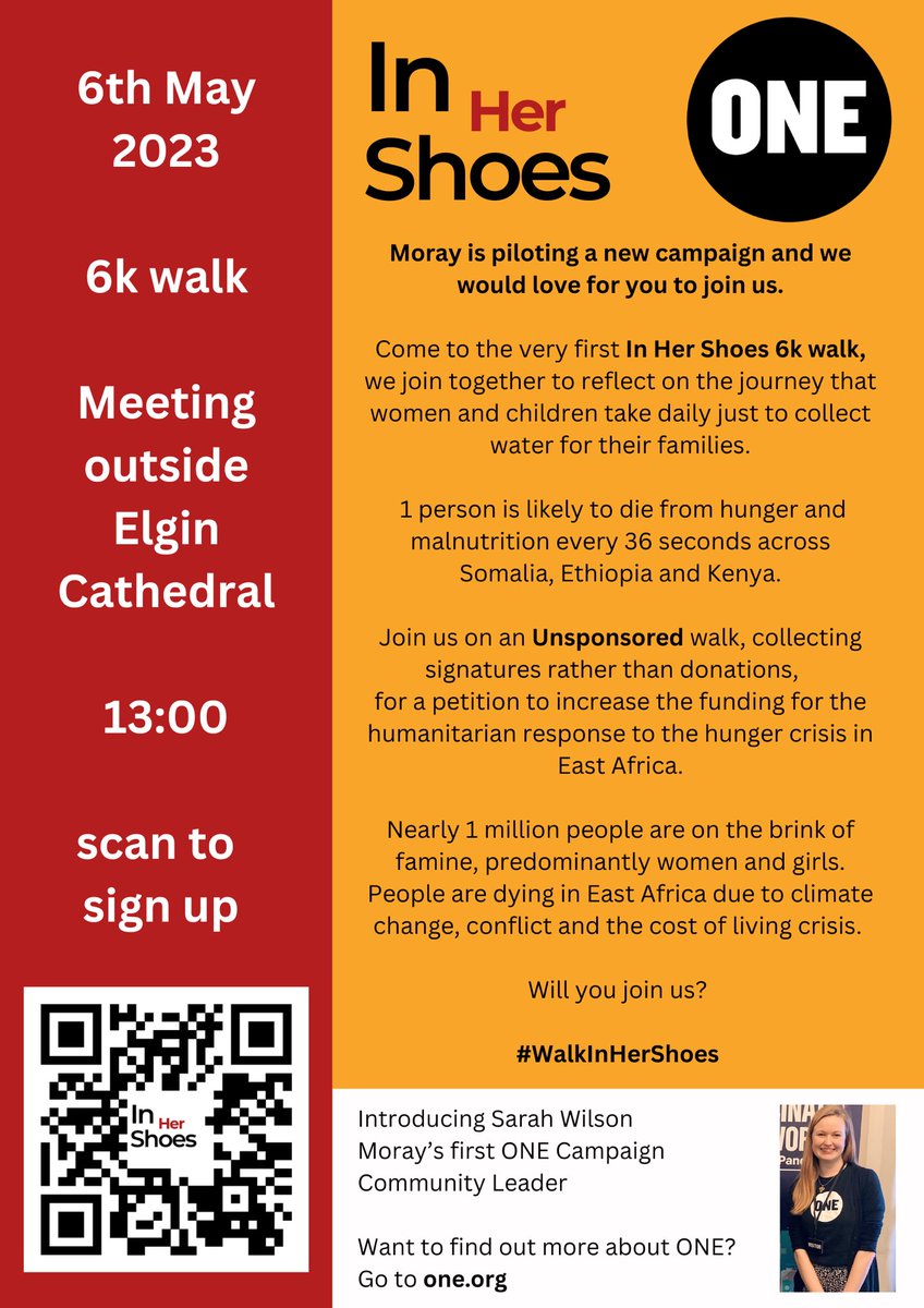 Spreading the news! 📰 
As a Community Leaders for @ONEintheUK in Moray I am organising a local action to engage the public about the hunger crisis in East Africa. Join us for #WalkInHerShoes 
to get involved and raise awareness about food insecurity 🌍#EastAfricaCannotWait