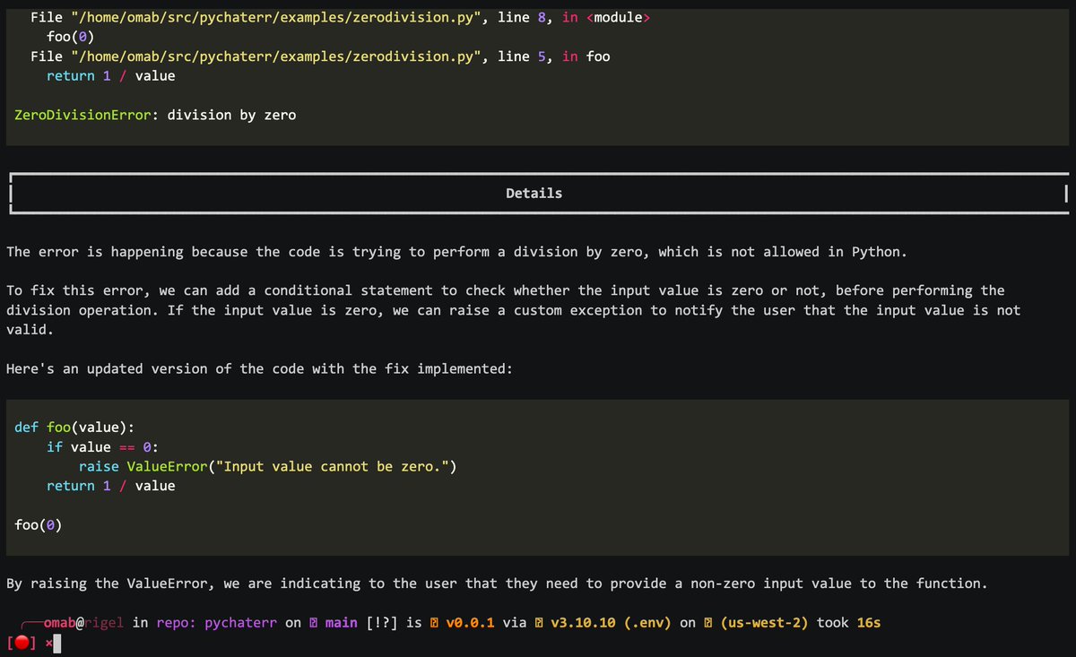 raulgarreta's tweet image. PyChaterr by @linuxaddict aka omab:  a Python exception hook powered by ChatGPT. It installs a global exception handler that will send a cached exception to ChatGPT to explain the issue and propose a solution! All of that with just one import :D
github.com/omab/pychaterr