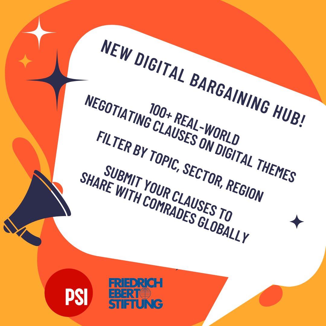 Involved in collective bargaining on digital themes? 
You don't have to re-invent the wheel! 

We've pulled clauses from across the world into our Digital Bargaining Hub; to share best practices and build union power!

Check it out now: publicservices.international/resources/even…