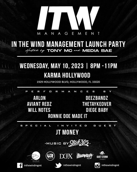 Congrats to the homie Breeze! I’ll be hosting the official launch of South Florida’s newest management firm <a href="/InTheWindMgmt/">In The Wind Management</a> alongside <a href="/Mediabae_/">HEY BAE!</a> with music by <a href="/Slick305_/">SLICK305</a> 

Date: 5.10.2023
Time: 8pm-11pm
Location: <a href="/karma_hollywood/">KarmaHollywood</a> 

🎟️: bit.ly/41CAaWo