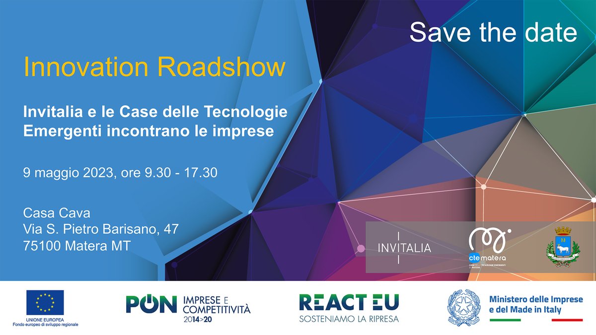 🛰️#InnovationRoadshow | #Tecnologie emergenti per #droni, #aerospazio e comunicazioni #quantistiche: sono i temi della 3° tappa del tour di #Invitalia, <a href="/mimit_gov/">MIMIT</a> e Case delle #TecnologieEmergenti (#CTE) che si terrà a #Matera il #9maggio.
💥Partecipa👉🏼lnkd.in/dww94ca8