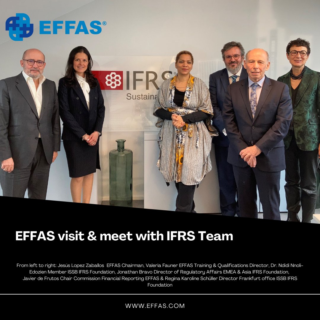 During his visit to Frankfurt, the EFFAS Chairman Jesús López Zaballos, met with the IFRS team

From left to right: @JLZaballos & Valeria Fauner (EFFAS); Dr. Ndidi Nnoli-Edozien & Jonathan Bravo (@IFRSFoundation); Javier de Frutos (EFFAS); Regina Karoline Schüller (IFRS)