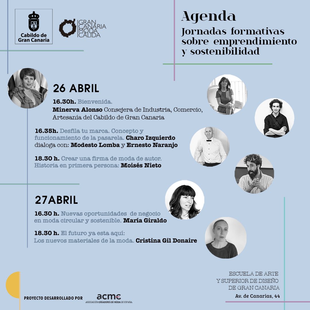 Asociación Creadores de Moda de España (@creadoresacme) on Twitter photo Una vez más, ACME colabora con <a href="/grancanariamc/">Gran Canaria Moda Cálida</a> y el @cabildodegrancanaria para llevar a cabo dos jornadas formativas los días 26 y 27 de abril en la Escuela de Arte y Superior de Diseño de Gran Canaria enfocadas a estudiantes de moda y público del sector. Una vez más, ACME colabora con <a href="/grancanariamc/">Gran Canaria Moda Cálida</a> y el @cabildodegrancanaria para llevar a cabo dos jornadas formativas los días 26 y 27 de abril en la Escuela de Arte y Superior de Diseño de Gran Canaria enfocadas a estudiantes de moda y público del sector.