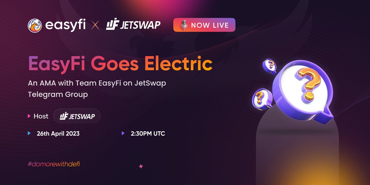 ⚡Let's Talk #Electric⚡ Tune in to an exciting conversation on #Electric, Margin Trading on DEXs & more Team #EasyFi is NOW LIVE in the AMA with @jetfuelfinance 👉Join Here: t.me/jetfuelfinance #DoMoreWithDeFi