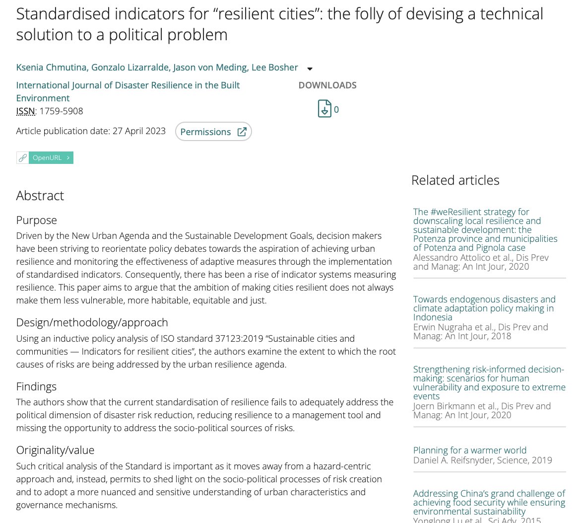 KsChmutina's tweet photo. ‼️Hot off the press‼️In our new paper we argue that standardisation of resilience fails to address the political dimension of DRR,reducing resilience to a management tool &amp; missing the opportunity to address the socio-political sources of risks🧵
https://t.co/YAt0Zni7Vq https://t.co/p2LjaYp5br