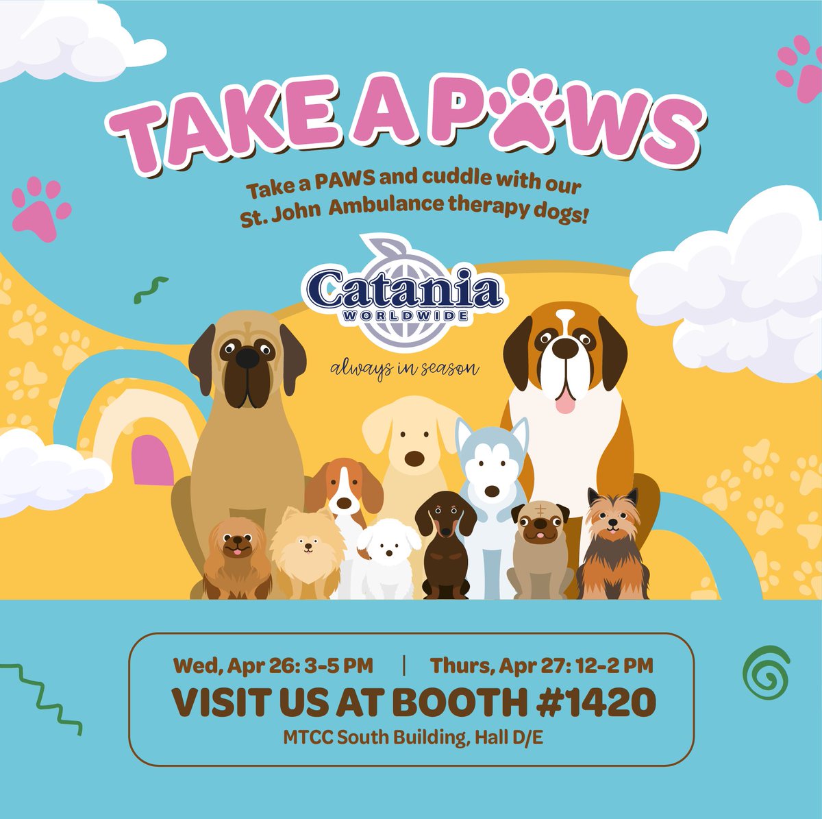 Cataniaww's tweet photo. Take a PAWS and cuddle with our St. John Ambulance therapy dogs! Come hang out with them today at 3-5PM and tomorrow at 12-2PM 🐶🐾 #CPMA2023

#therapydogs #CPMA #CataniaWorldwide #AlwaysinSeason #fruitproduce #tradeshow #producetradeshow #produceexpo #produceshow https://t.co/HLaE92ghqk