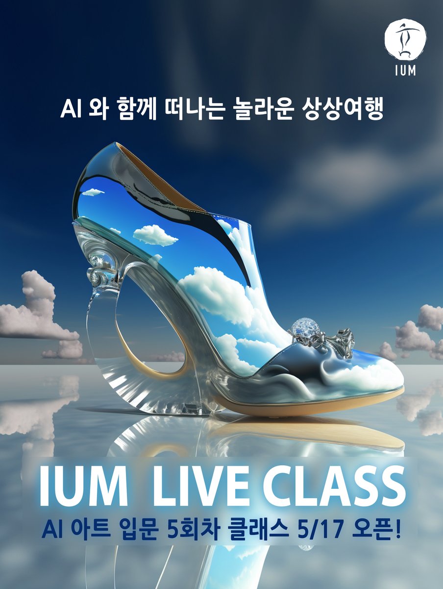 [ IUM LIVE CLASS ] AI와 함께 떠나는 놀라운 상상여행  
2023.5/17(수)~6/14(수). 저녁 9시~10시반. 
아티스트 이윰과 떠나는 상상의 세계!!  

AI 아트 기초 입문자를 위한 온라인 라이브 클래스--> url.kr/cnl9dk 

😍미드저니 5회차 커리큘럼 안내와 수강 신청 url.kr/r58hlu