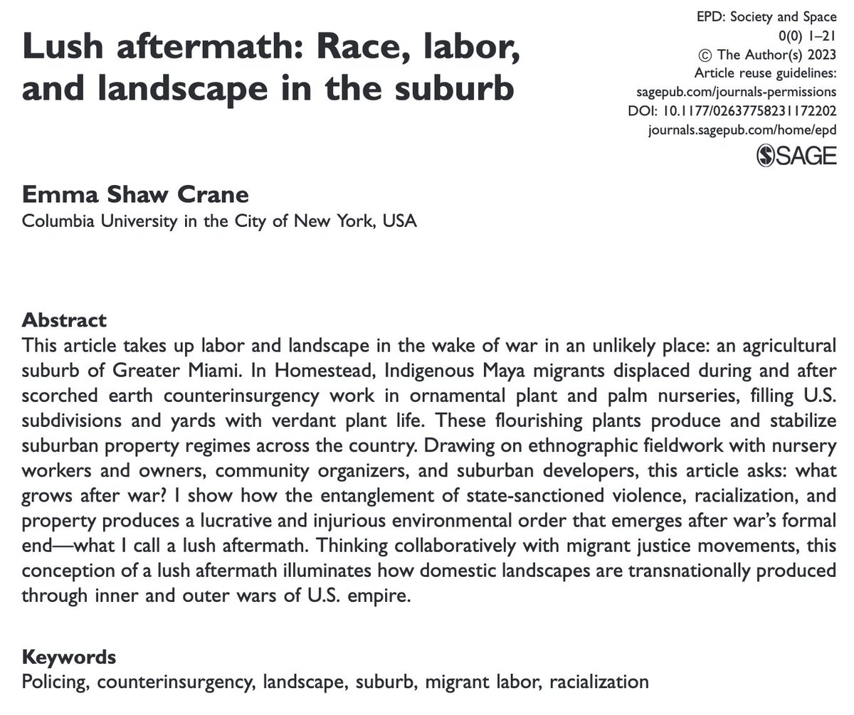 SocietyandSpace's tweet image. Online 1st: 'Lush aftermath: Race, labor, and landscape in the suburb' by @eshawcrane 
journals.sagepub.com/doi/10.1177/02…