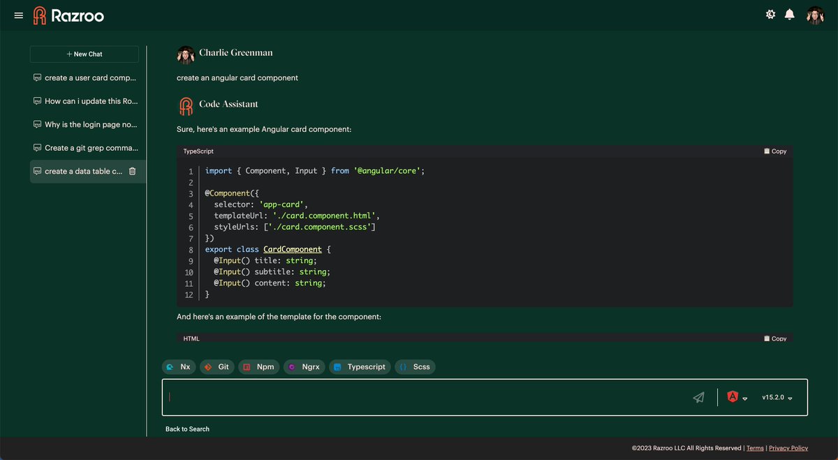 _razroo's tweet image. Razroo Code Chat now includes chat history! 💫
What makes Razroo Code Chat unique?
1. It is aware of the technologies you use
2. How you want to use them
3. Gives you code and nothing else
It's amazing. 🤔
#CodeChat