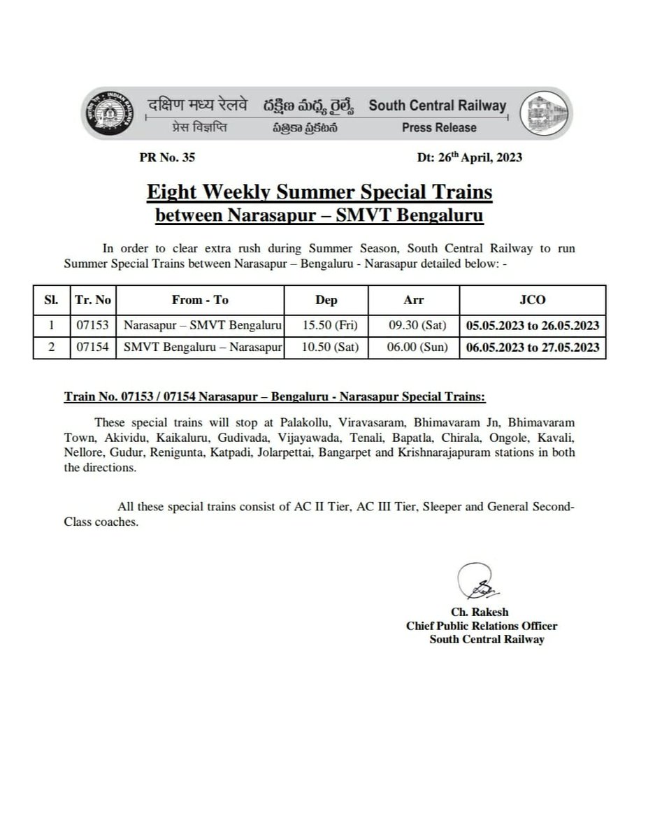 anusha_puppala's tweet image. .@SCRailwayIndia to run eight weekly summer special trains between #Narsapur -SMVT #Bengaluru👇