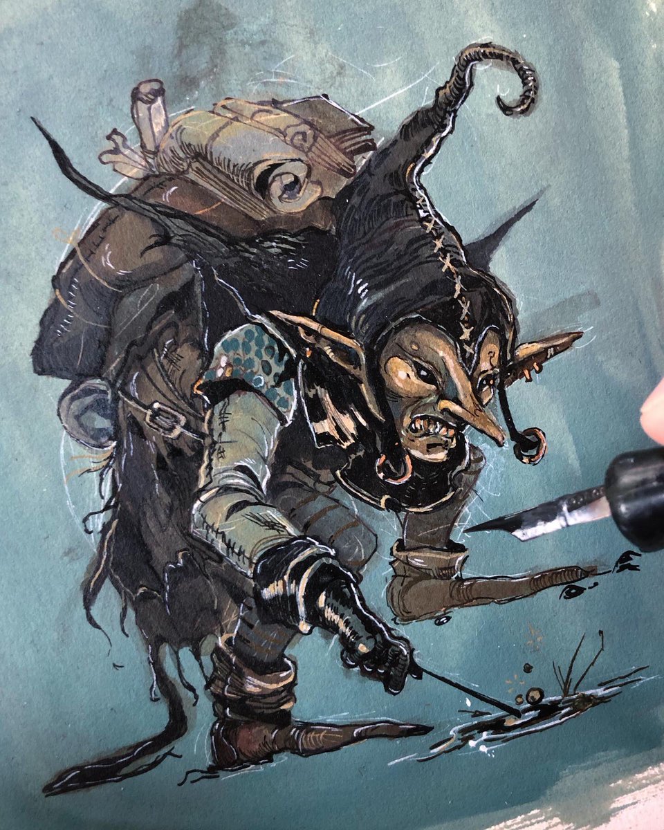 ⚔️Working on the new boy⚔️ All ink on an ink wash background. Just freehanded the little freak this time. No pencil. Feeling excited about the textures I’m getting with the dip pen! #fantasyart #fantasyillustration #goblins