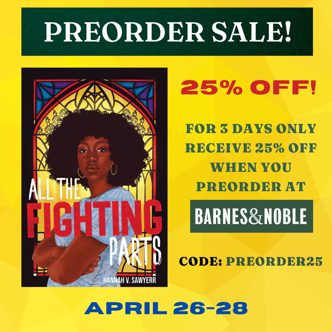 Why you should preorder ALL THE FIGHTING PARTS during Barnes & Noble #BNPreorder25 preorder sale:

1. TODAY’S MY BIRTHDAY!! 🤪🎉

2. I overheard a student of mine say my book is ✨very f*cking cool✨ (very high praise!!)

3. IT’S 25% OFF!!! 🏷️✨

Preorder: barnesandnoble.com/w/all-the-figh…