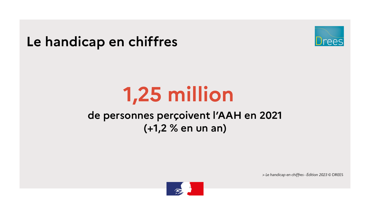 #Handicap I Fin 2021, 1.25 millions de personnes bénéficient de l’allocation aux adultes handicapés (AAH). 7 allocataires sur 10 sont des personnes seules et sans enfant 👉 swll.to/T4BX1B #CNH2023