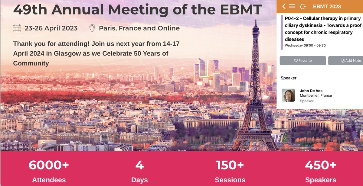 Honored to have shared today <a href="/TheEBMT/">EBMT</a> our work on the development of a cell and gene therapy for primary ciliary dyskinesia.
#EBMT23
Thank you so much for the invitation <a href="/Mohty_EBMT/">Mohamad Mohty</a> <a href="/TheEBMT_CTIWP/">EBMT_Cellular_Therapy</a>
Thanks <a href="/FlashTherapeutx/">Flash Therapeutics</a> for the collaboration.