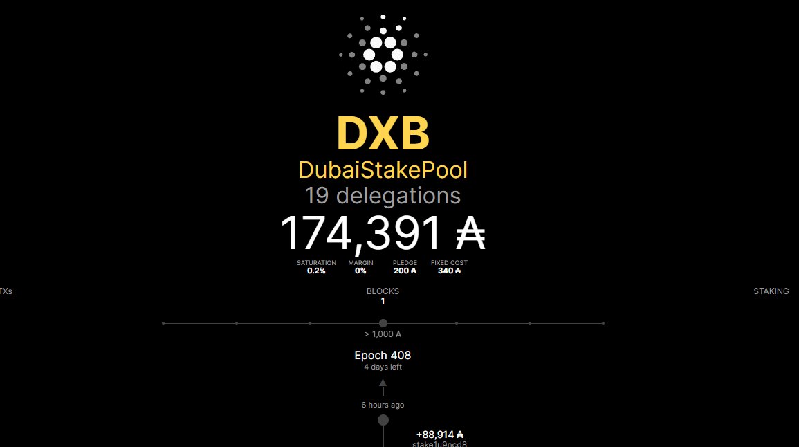 DubaiStakepool's tweet photo. Big thanks to all our delegators for trusting #DubaiStakePool on their journey with #Cardano. Your support and trust in our mission to strengthen the network is greatly appreciated. We will continue to work hard to provide the best #staking experience possible. #Dubai #stakepool https://t.co/JkZvCxJFDF