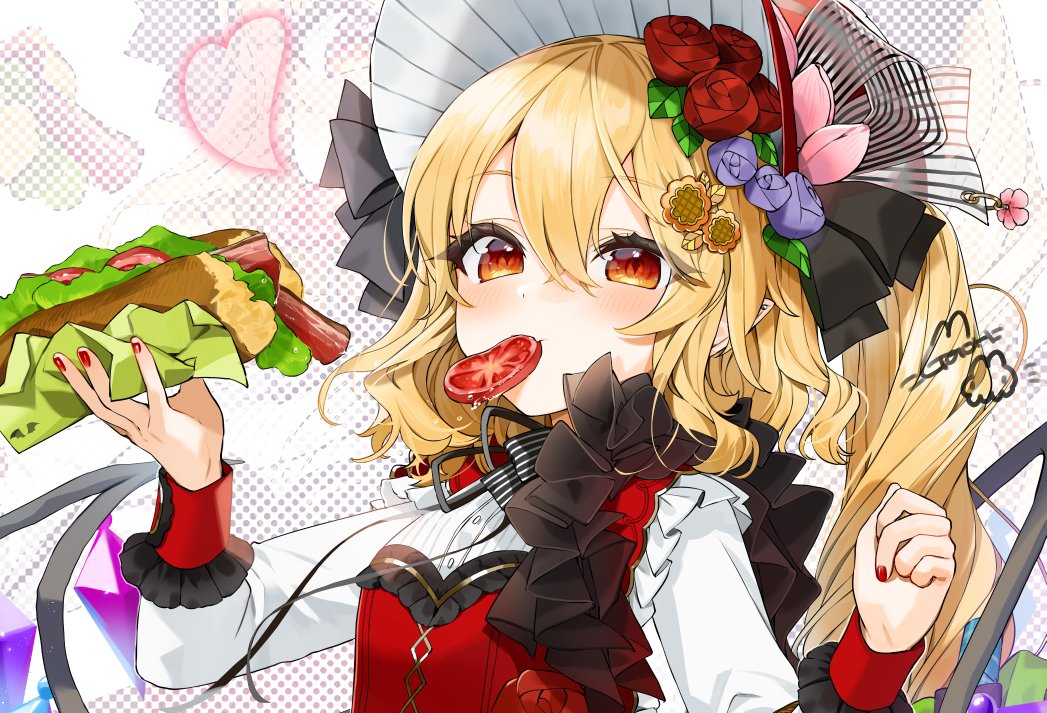 flandre scarlet 1girl solo blonde hair food red nails flower hair flower  illustration images