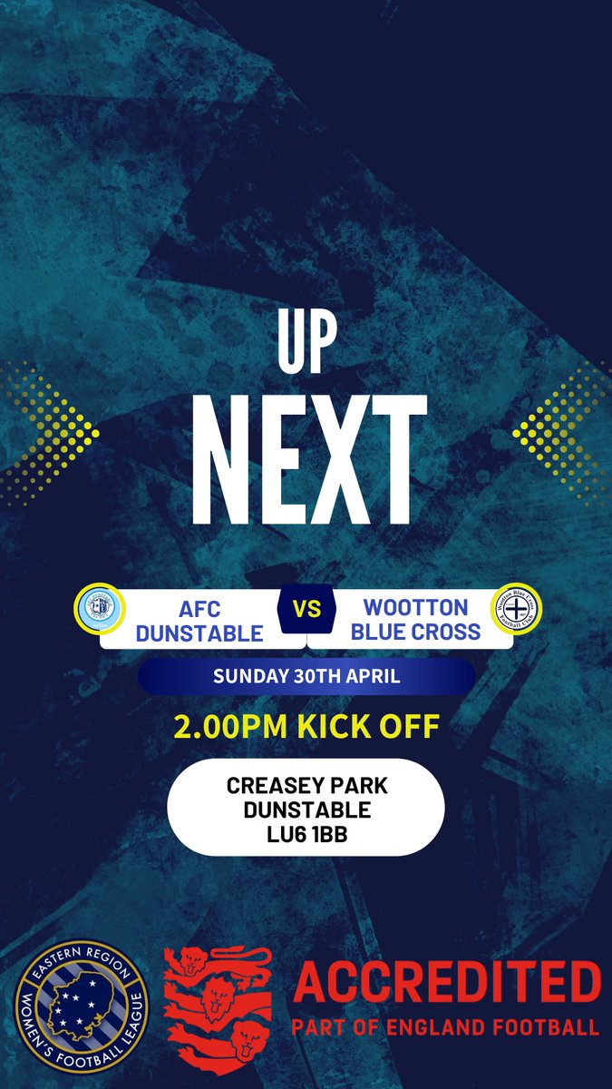 BlueWootton's tweet photo. ⚽️ | This Sunday the ladies make the short away trip to top of the league @AFCLadies1st. Their last meeting saw Wootton take a point from the fixture. This is bound to be a good one…

🏟️ | Creasey Park, LU6 1BB
🕑 | Kick off 2pm
🏆 | @ERWFLe 
🆚 | AFC Dunstable Ladies

#UTBC https://t.co/48McZAuYmd