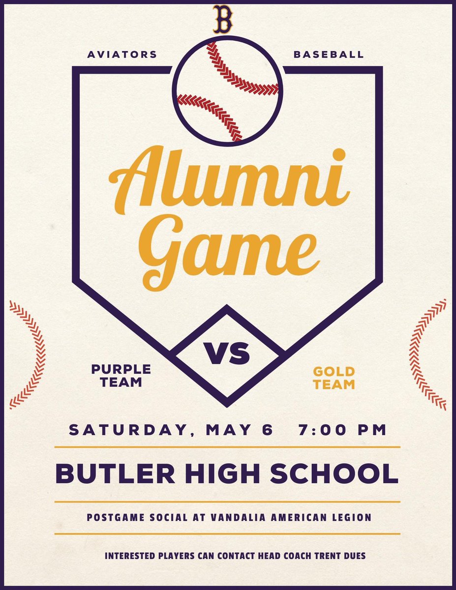 The Annual Butler Baseball Alumni Game is rapidly approaching! If you are a former Aviators hard baller and would like to get back under those lights, contact Head Coach Trent Dues  <a href="/butler_baseball/">Butler Baseball</a> to RSVP your spot on the roster!