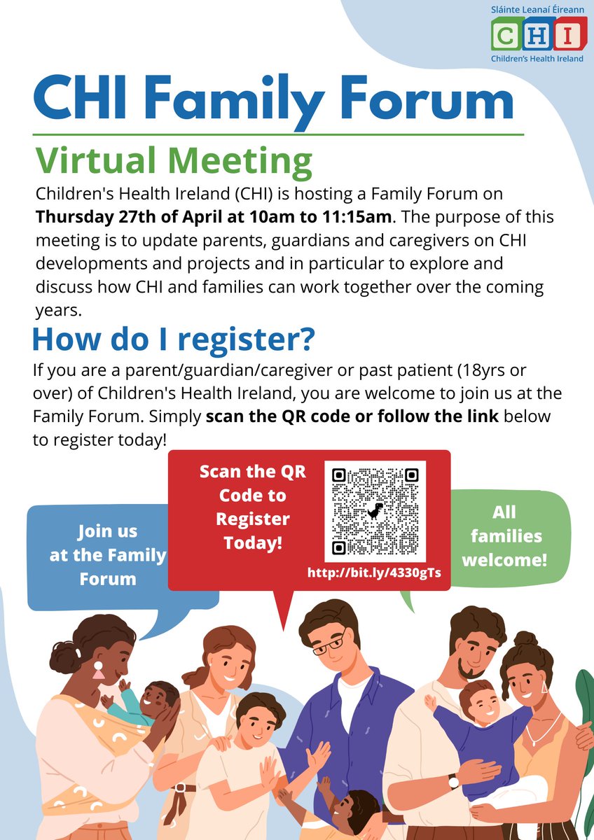 Tomorrow is our CHI Family Forum! 

Have you registered yet to get an update on the latest CHI developments & projects?  

Find out more ⤵️ or register here➡️ bit.ly/4330gTs 

@nch_info
 @roinnslainte
 @HSELive 
#ourchildrenshospital