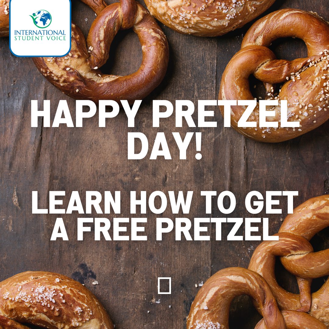 IntlStuVoice's tweet photo. Happy National Pretzel Day! 🥨

Why do we celebrate pretzels? No clue. 

But today, @auntieannepretzels and many others are having amazing specials! Be sure to grab your pretzel and celebrate today. 
.
.
.
#nationalpretzelday #pretzels #internationalstudents #freepretzels https://t.co/hsSzpGwg70