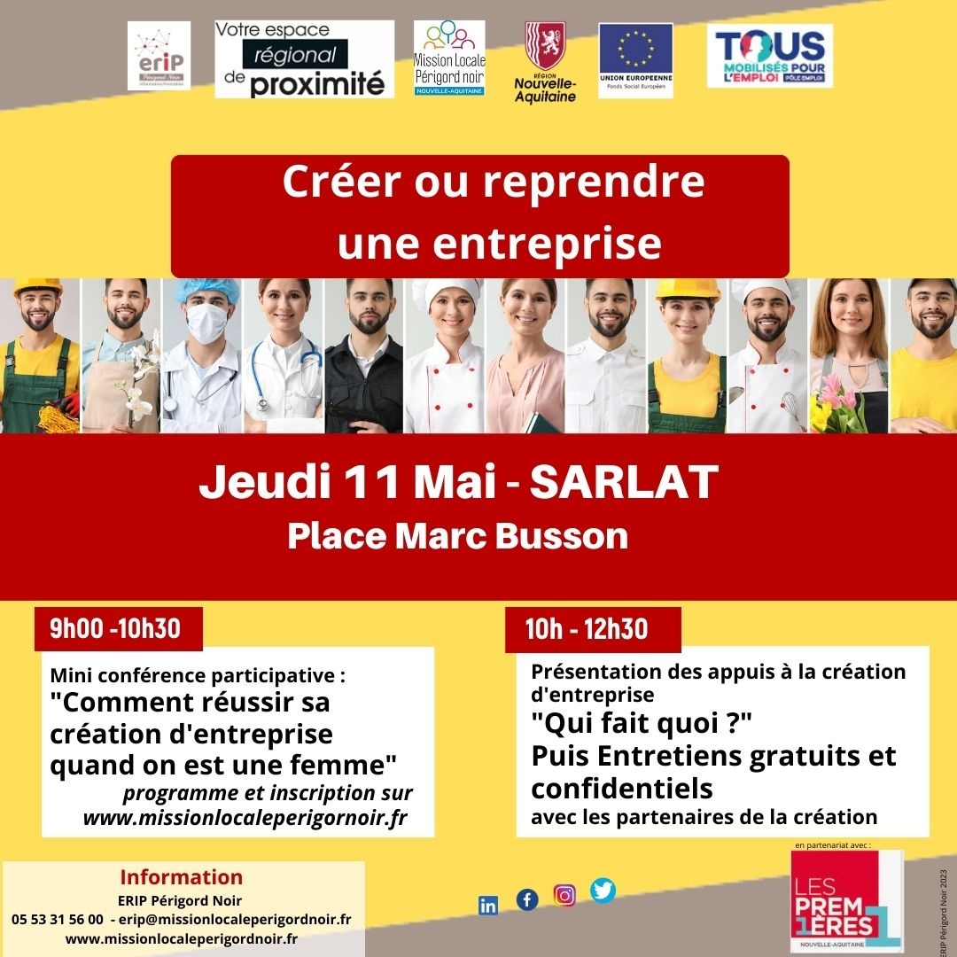 CREER SON ENTREPRISE en #Périgordnoir ? 
toutes les infos tous les partenaires 
jeudi 11 mai - 10 h - #Sarlat

Nouveau : mini conférence à 9h pour les femmes futures créatrices 
infos inscription : urlz.fr/lnJc
#créationdentreprise #Entrepreneur