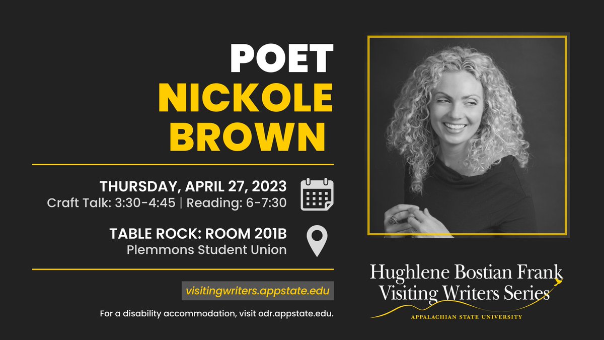AppStateCAS's tweet photo. Tomorrow: Poet Nickole Brown will deliver a craft talk and reading in Table Rock (Room 201B) in the Plemmons Student Union.
For more information, visit https://t.co/awSw0bwWQv.
#HBFVWS #VisitingWritersSeries #AppStateEnglish https://t.co/pXbYOrNZe0