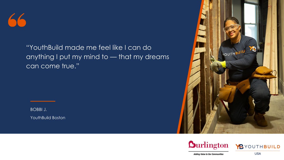 All young people deserve to realize their dreams. Visit your local <a href="/Burlington/">Burlington</a> store today and donate at checkout to support #YouthBuild students like Bobbi J. <a href="/YBBoston/">YouthBuild Boston</a> #BuildingBrighterFuturesTogether 

Find your store to donate: burlington.com/store-locator