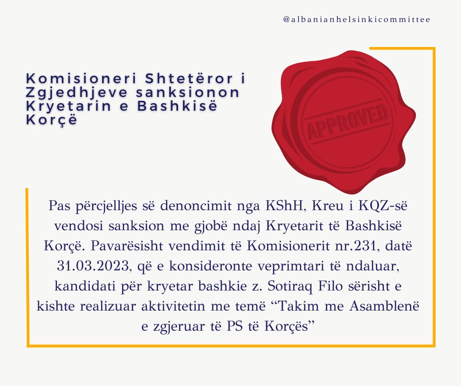 KQZ sanksionon me gjobë Kryetarin e Bashkisë Korçë pas denoncimit të KShH për realizimin e një veprimtarie të konstatuar të ndaluar më herët nga Komisioneri. 

#LocalElections2023 #monitoring