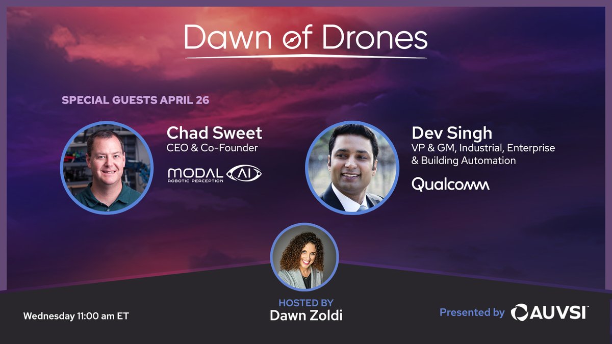 Dawnp3T's tweet photo. Today @DevSingh_QCOM @Qualcomm & @sweetcw3 @modal_ai join Dawn on the Dawn of Drones Podcast. 🔗https://t.co/HBPxf7wNs2
Tune in to hear how ModalAI & Qualcomm are working together to spearhead the future of drones & their exciting technology roadmap for 2023.
#P3Tech #Drones https://t.co/sOG5Xs6QBg