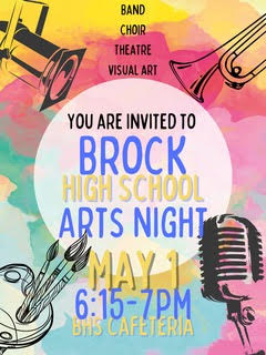 ChoirBrock's tweet photo. Brock Fine Arts Night - Recognizing Theatre, Choir, Art, and Band State Competitors, honoring our graduating Seniors, and celebrating our students signing to pursue Fine Arts in College!
Don't miss this fun event! https://t.co/wGrEsTqLtE