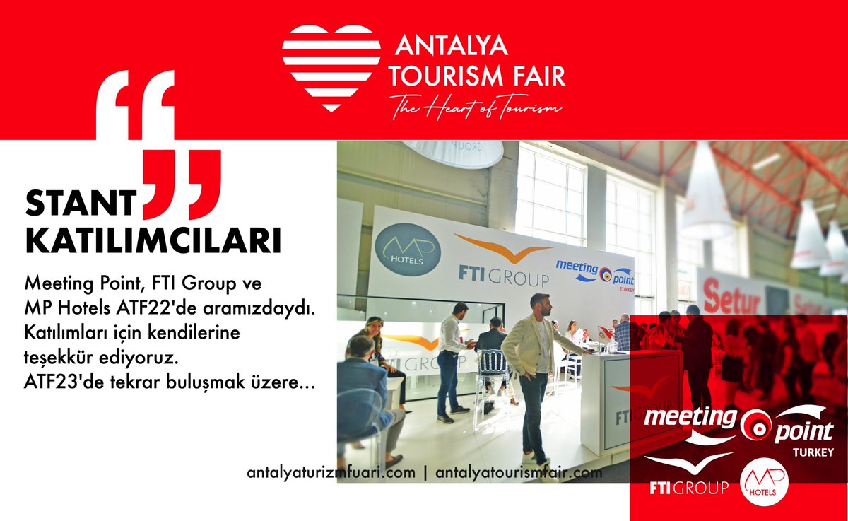 atfturkiye's tweet photo. Meeting Point, FTI Group ve MP Hotels ATF22'de aramızdaydı. Katılımları için kendilerine teşekkür ediyoruz.
ATF23'de tekrar buluşmak üzere...

♥️ATF23 ile “Move Your Tourism!”
🗓26 -27 Ekim | October 2023
📍ANFAŞ

#antalyatourismfair #meetingpoint #ftigroup #mphotels https://t.co/JKfHuyMONJ