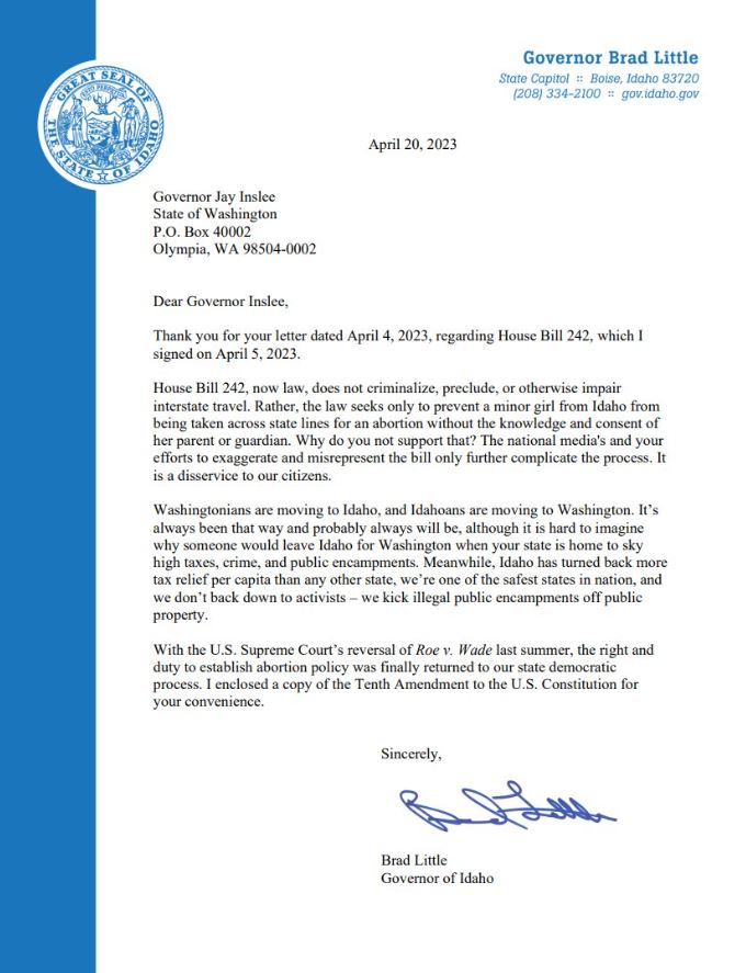 WashingtonSRC's tweet image. Check out the letter from Idaho Governor Brad Little in response to @GovInslee over his and Legislative Democrats’ attempt to infringe on Idaho's state laws. #waleg

@KREM2: ow.ly/qZwR50NPL7t