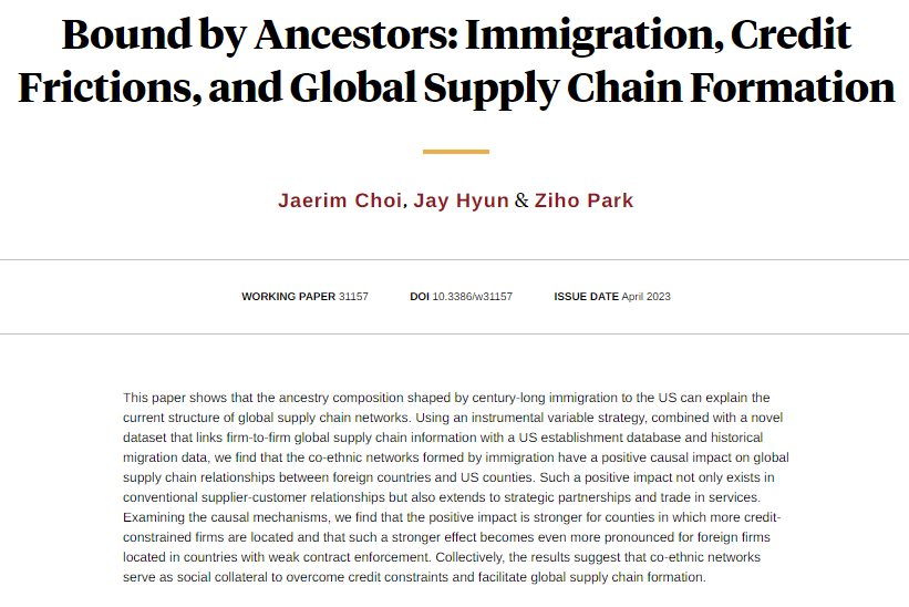 nberpubs's tweet photo. There is a causal linkage between immigration and global supply chain formation, as co-ethnic networks serve as social collateral to overcome credit constraints, from @choi_jaerim @JayHyunEcon and @RealZihoPark https://t.co/EocCAGFkUI https://t.co/wtVilmNd51