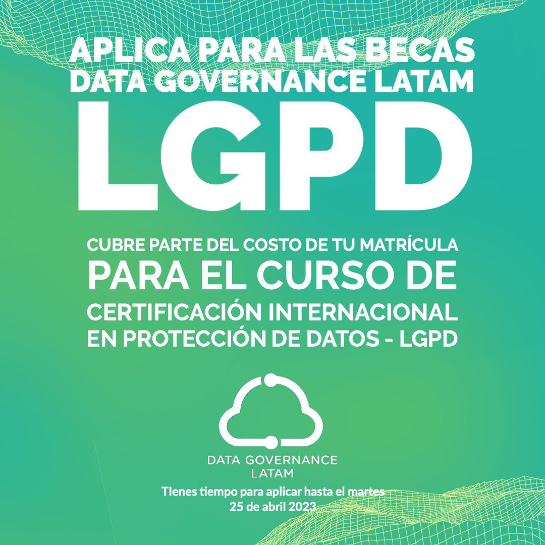 Modalidad online. Podes inscribirte al curso que se inicia el 4 de mayo próximo p/ certificarte con el estándar regional en materia de protección de datos personales. 
Consulta sistema de Becas en este link: drive.google.com/file/d/1TVP2XC… . Más info: educacion@datagovernancelatam.com