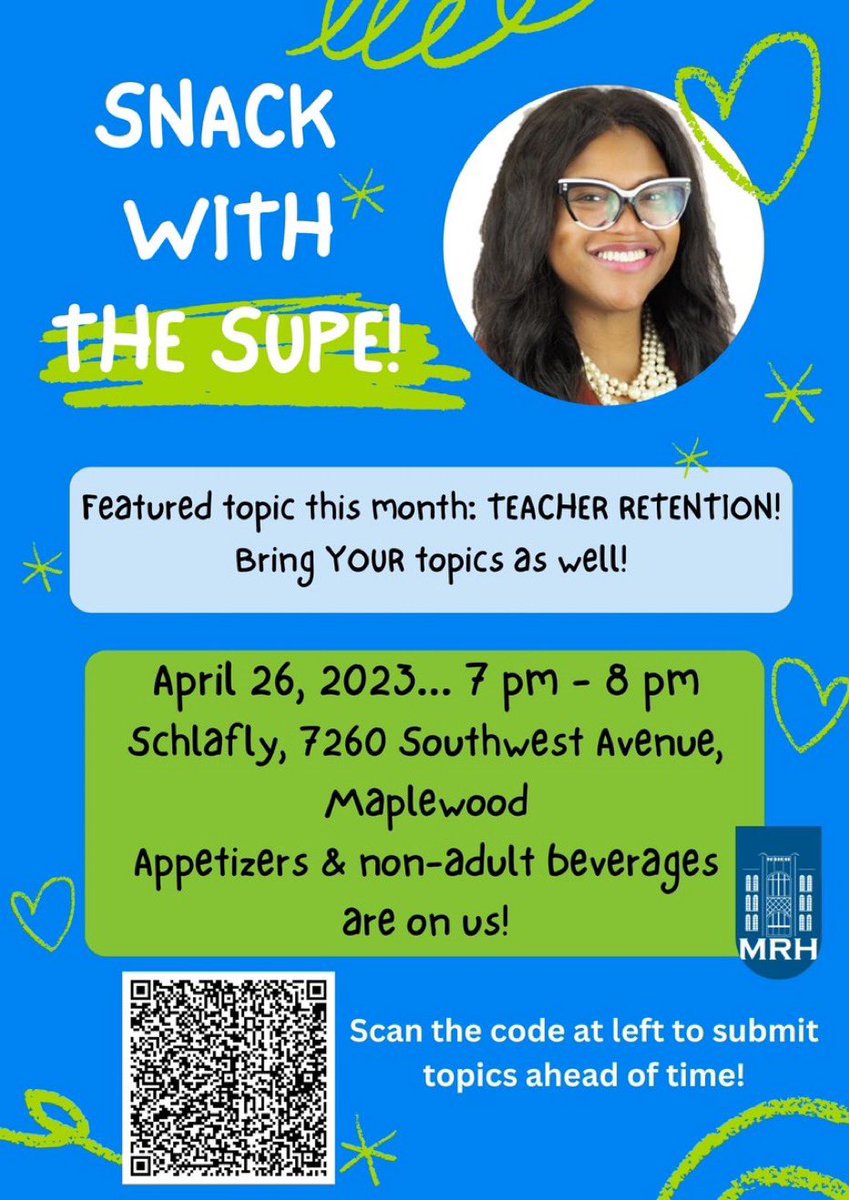 Interested in chatting about staff retention at each of our buildings and steps the district is taking to attract and retain compassionate educators? Join me tonight <a href="/Schlafly/">Schlafly Beer</a> at 7pm. Snacks are on us! Bring a friend and your questions! <a href="/MRH_Schools/">MRH School District</a> #graceandgratitude