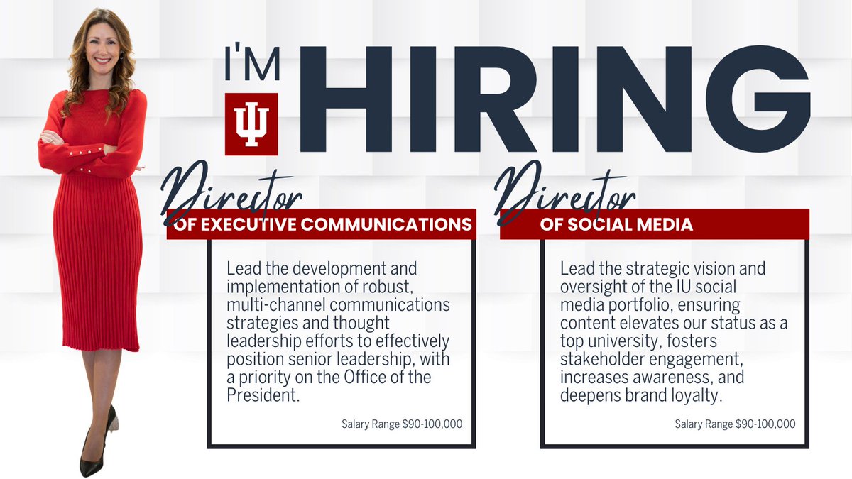 nikkisunstrum's tweet image. I'm officially on the hunt for an 'old me' to report to the 'new me' &amp;amp; a writer/strategist to help me shape the positioning of our @IndianaUniv leadership➡️#Jobs #HESM #Communications
Director of #ExecComms shorturl.at/CLR67
Director of #SocialMedia shorturl.at/pETU3