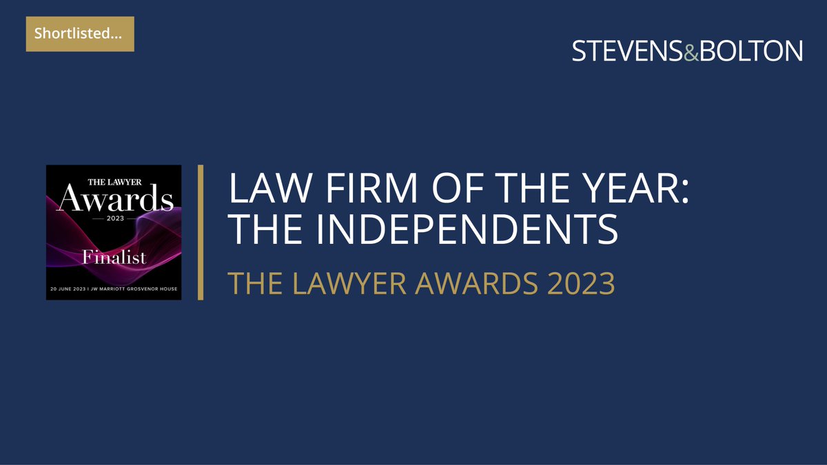 We’re delighted to announce that Stevens & Bolton has been shortlisted for 'Law firm of the year: The Independents' at The Lawyer Awards 2023🎉

Congratulations to all the finalists. See the full shortlist here: thelawyer.com/event/the-lawy…

#LawyerAwards